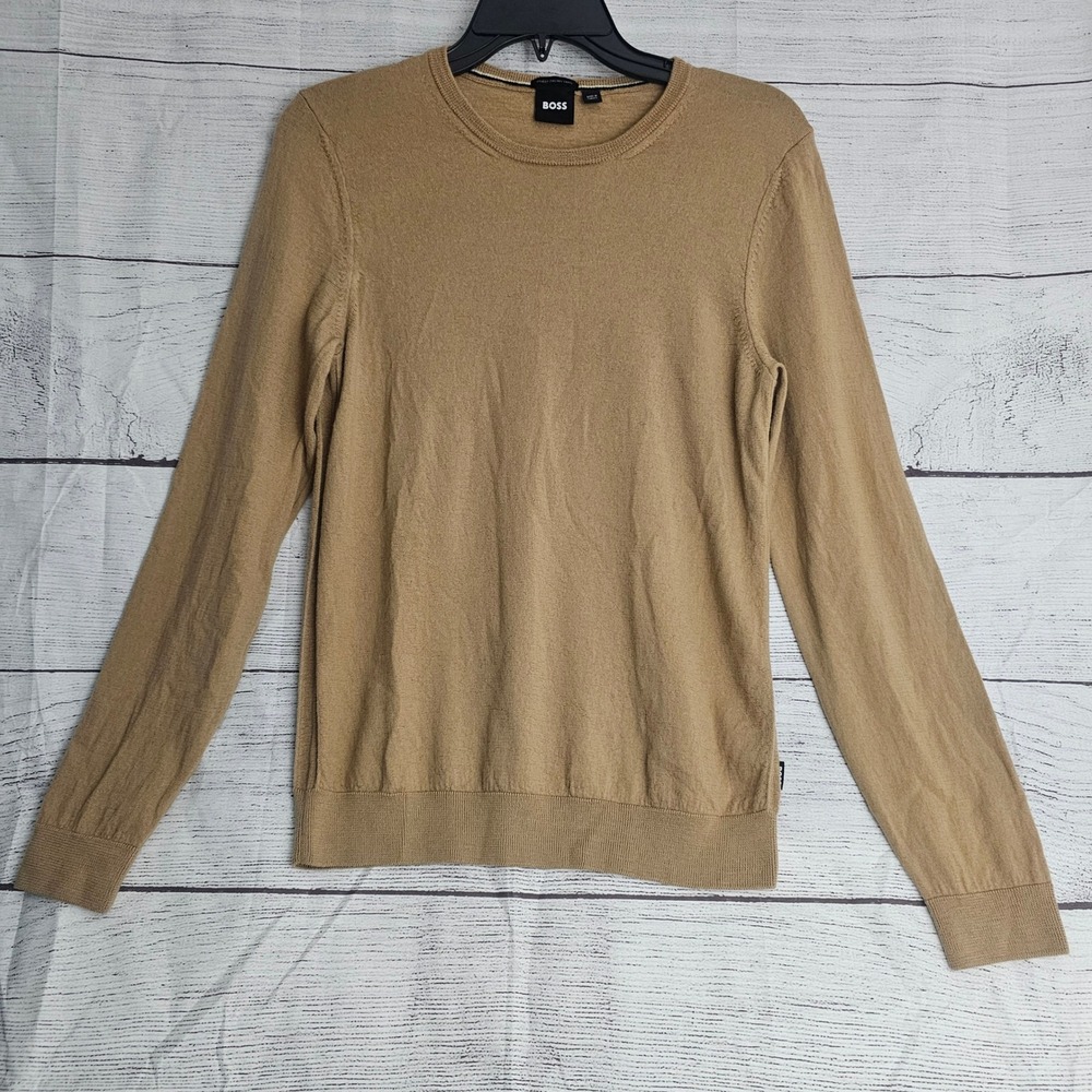 Hugo BOSS M Medium Tan Sweater Pullover Finest Italian Yarn Virgin Wool 1146